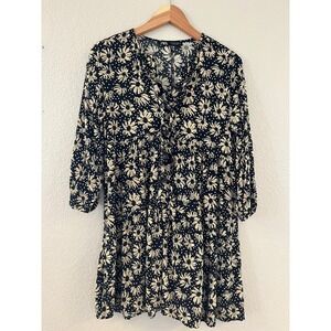Zara Floral Polka Dot Tiered Mini Dress Black Cream Button Front Ruffle Small